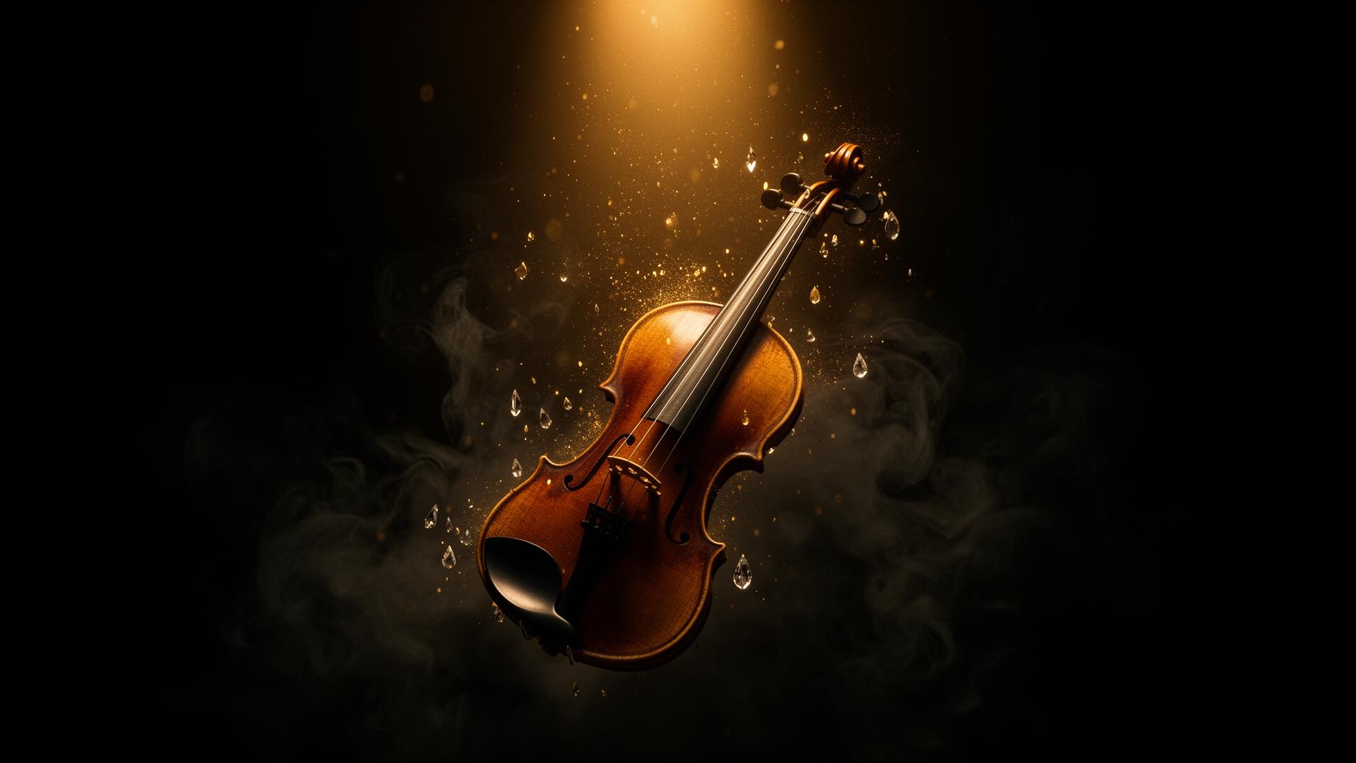A Stradivarius violin floating in volumetric light and smoke